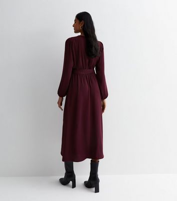 Burgundy V Neck Belted Midi Dress New Look