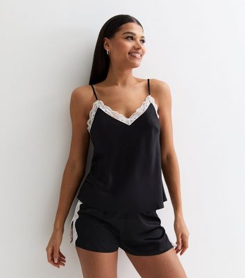 Black satin lace cami top online