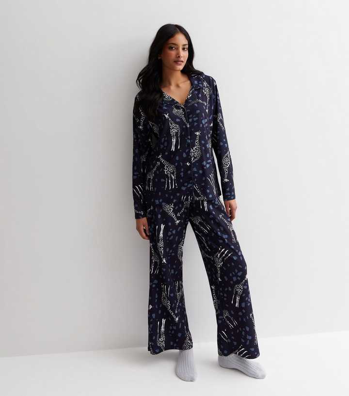 Blue Trouser Pyjama Set with Giraffe Print