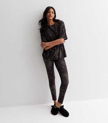 Black Legging Pyjama Set with Celestial Print