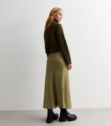 Olive Textured Satin Bias Cut Midi Skirt New Look