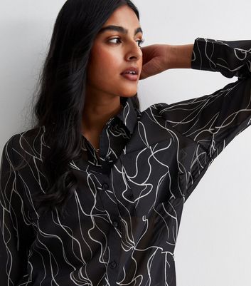 Black Abstract Print Long Sleeve Oversized Shirt New Look