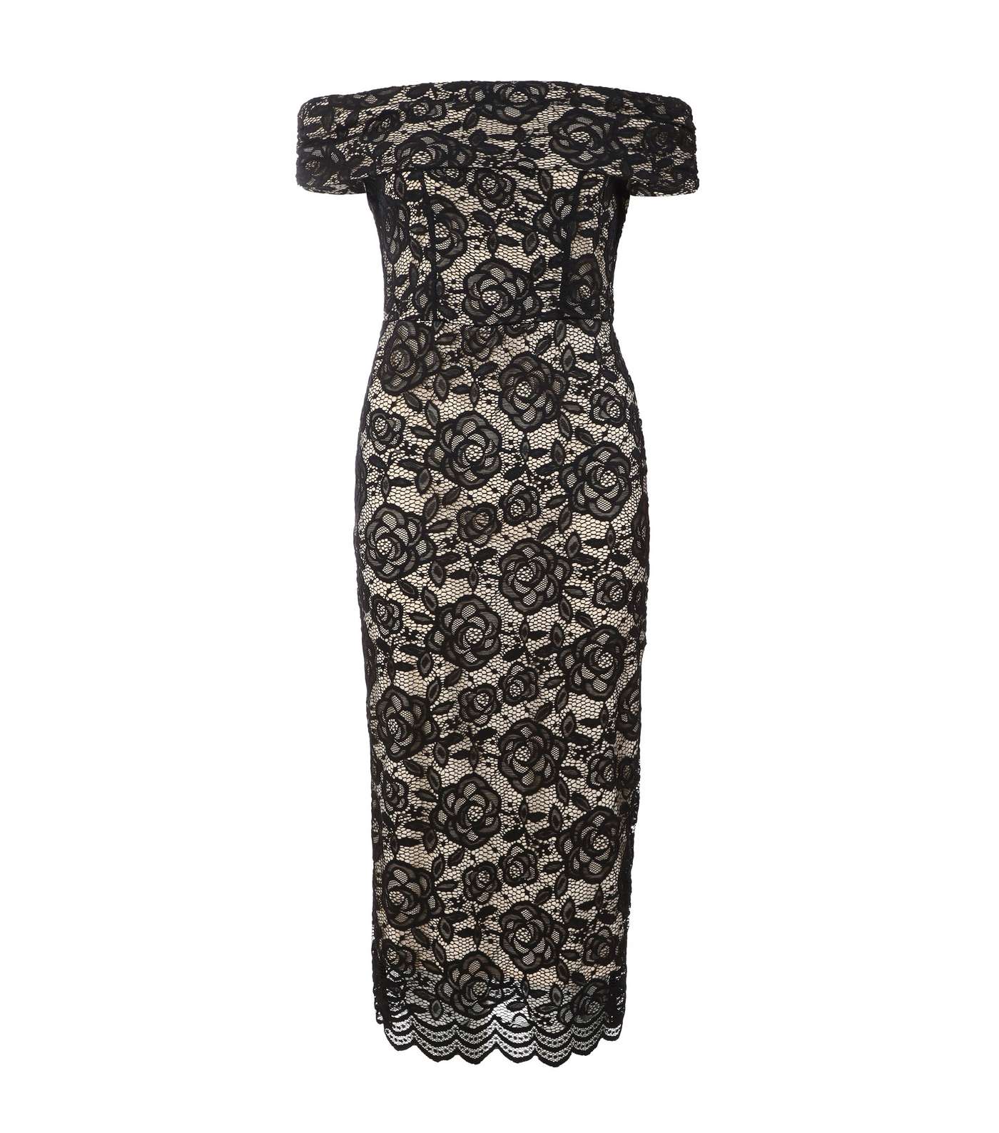 QUIZ Black Floral Lace Bardot Midaxi Dress Image 4