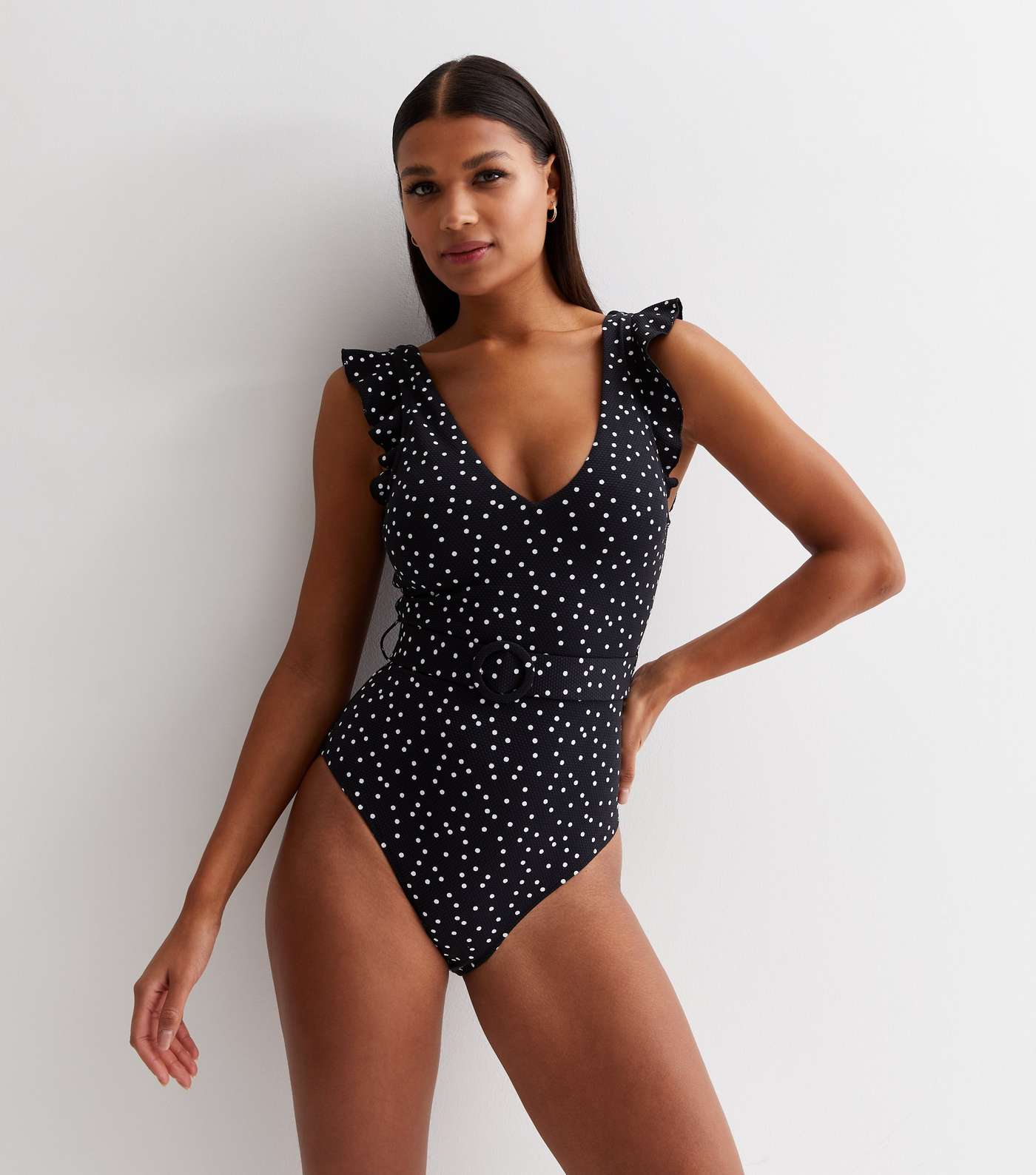 Black Spot Frill Sleeve Belted Swimsuit