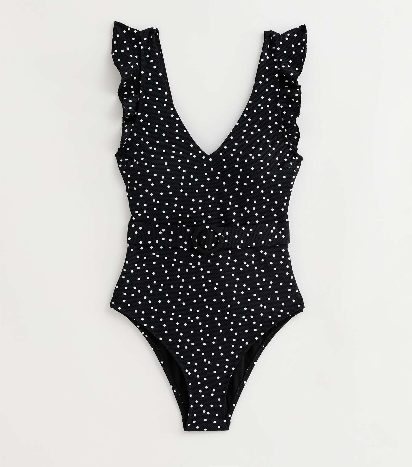 Black Spot Frill Sleeve Belted Swimsuit Image 5