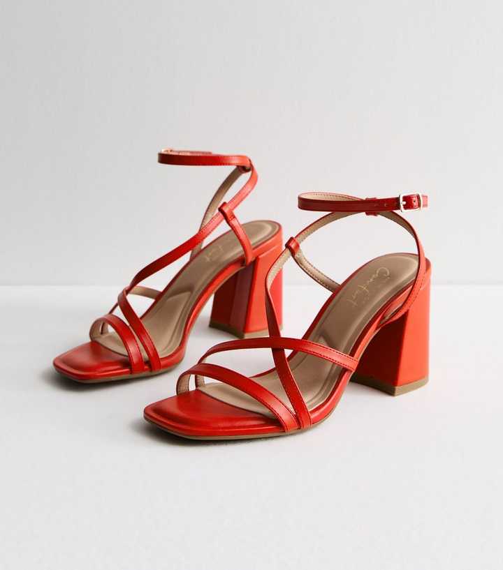Orange Strappy Block Heel Sandals