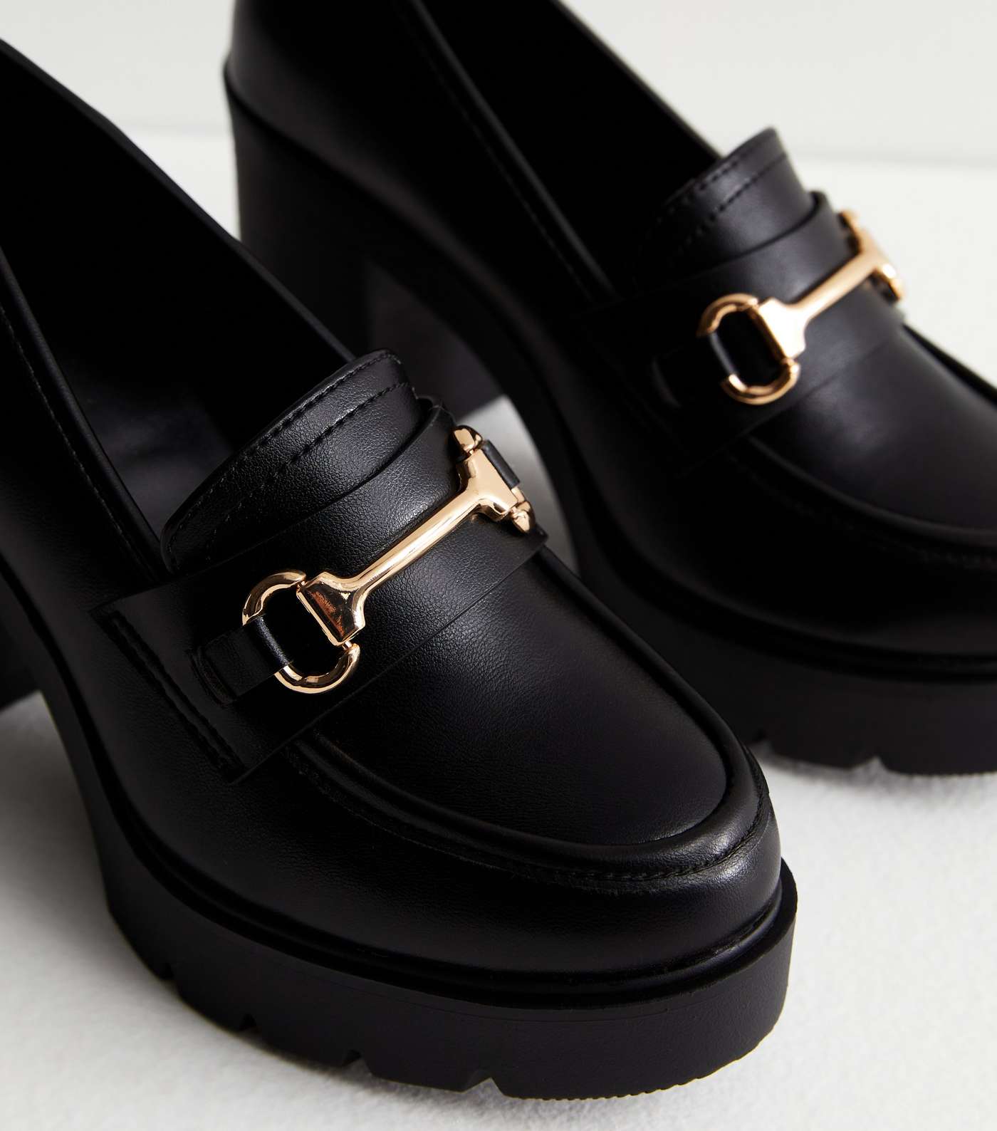 Black Leather-Look Chunky Block Heel Loafers Image 3