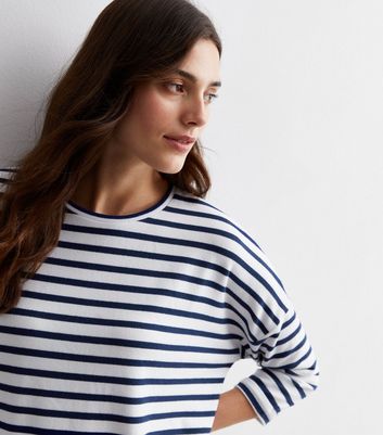 White Stripe Jersey 3/4 Sleeve Top New Look