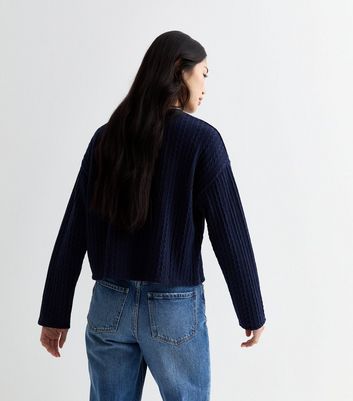 Navy Cable Knit Pattern Jersey Long Sleeve Top New Look
