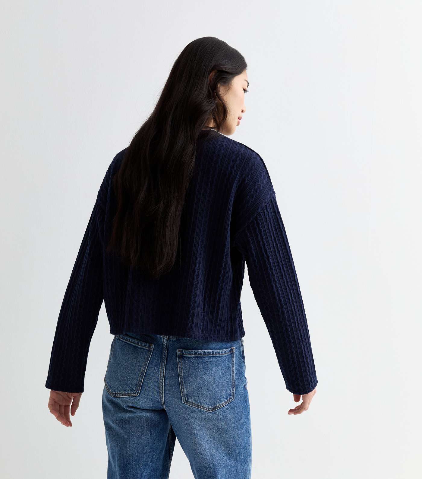 Navy Cable Knit Pattern Jersey Long Sleeve Top Image 4