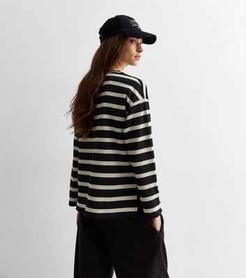 Black Stripe Ribbed Jersey Button Cuff Top New Look