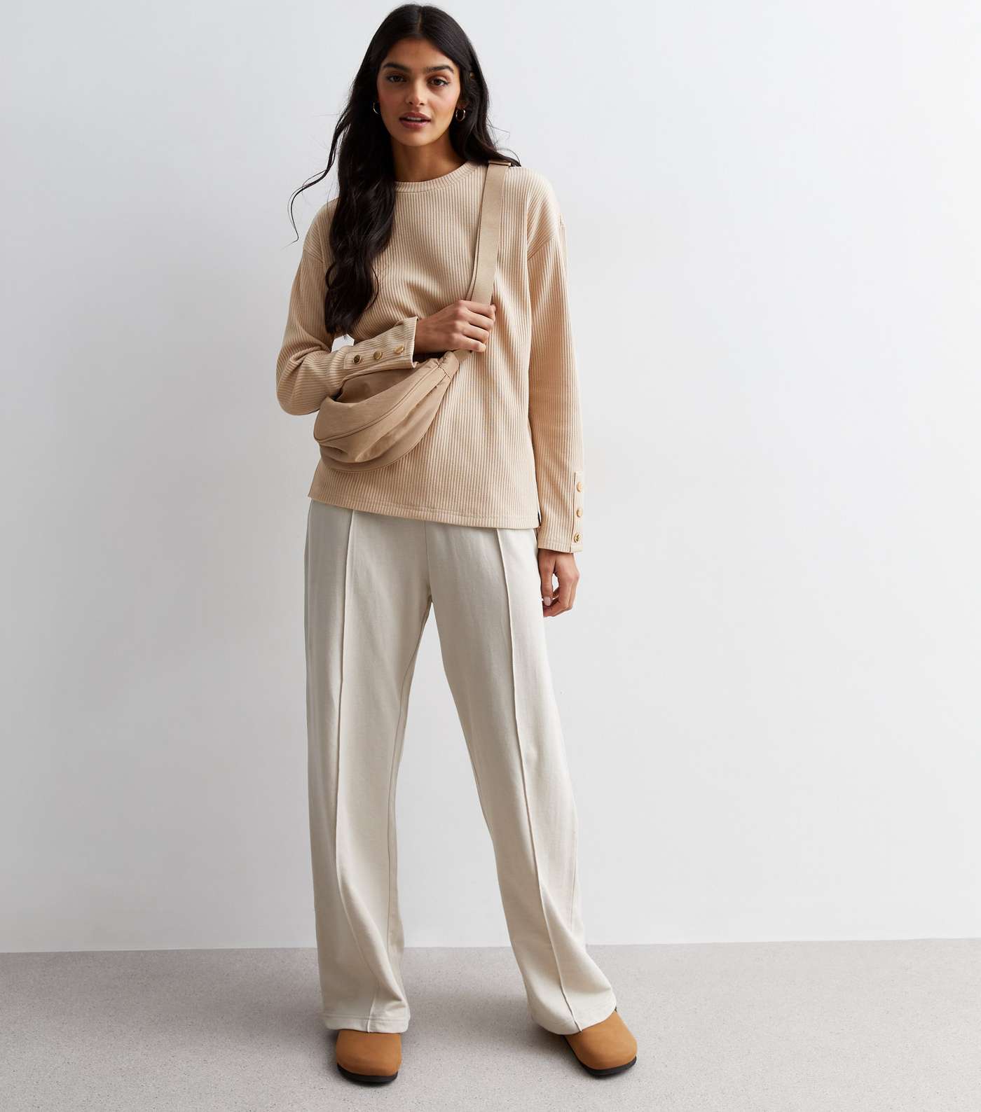 Camel Ribbed Knit Button Cuff Top Image 3
