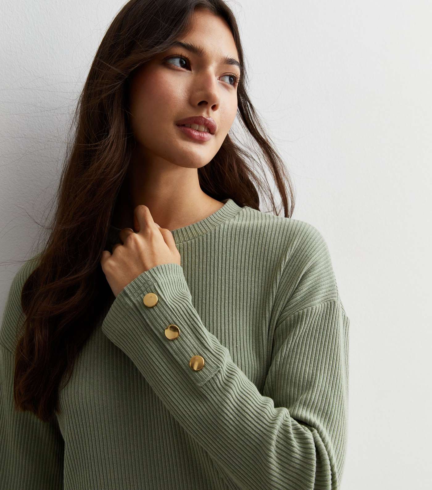 Olive Ribbed Knit Button Cuff Top