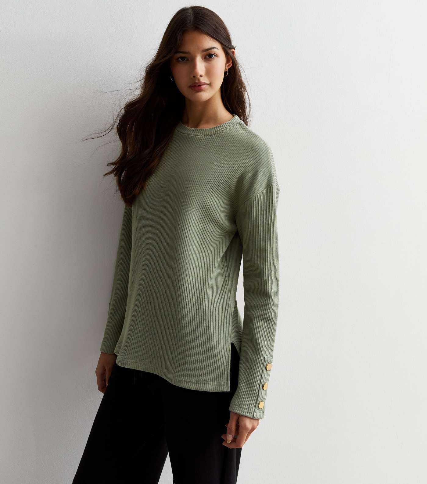 Olive Ribbed Knit Button Cuff Top Image 3