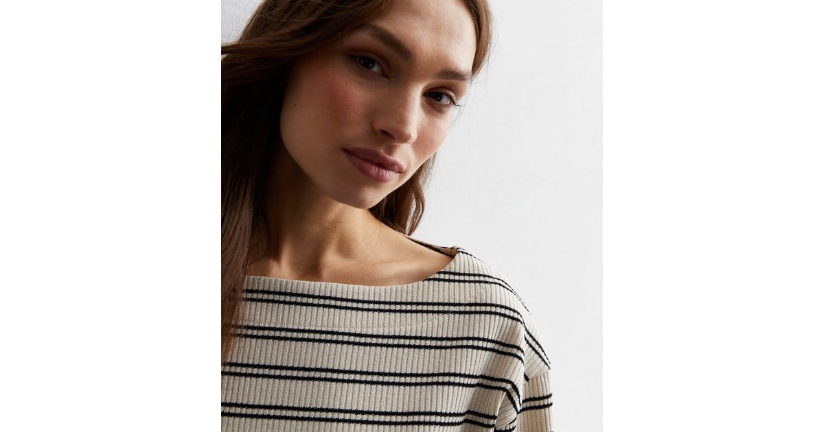 Cream Stripe Ribbed Knit Boat Neck Top | New Look