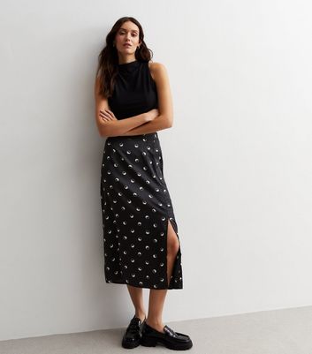 ONLY Black Satin Yin Yang Split Hem Midi Skirt New Look