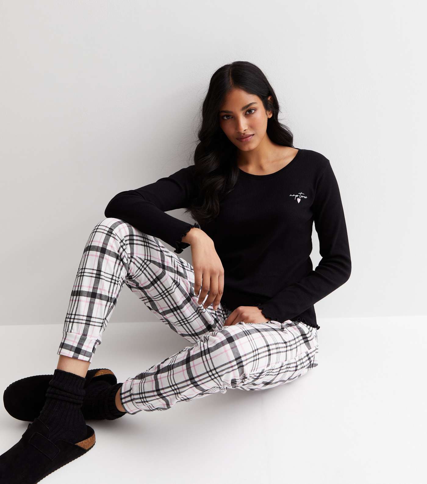 Black Cotton Trouser Pyjama Set with Check Print