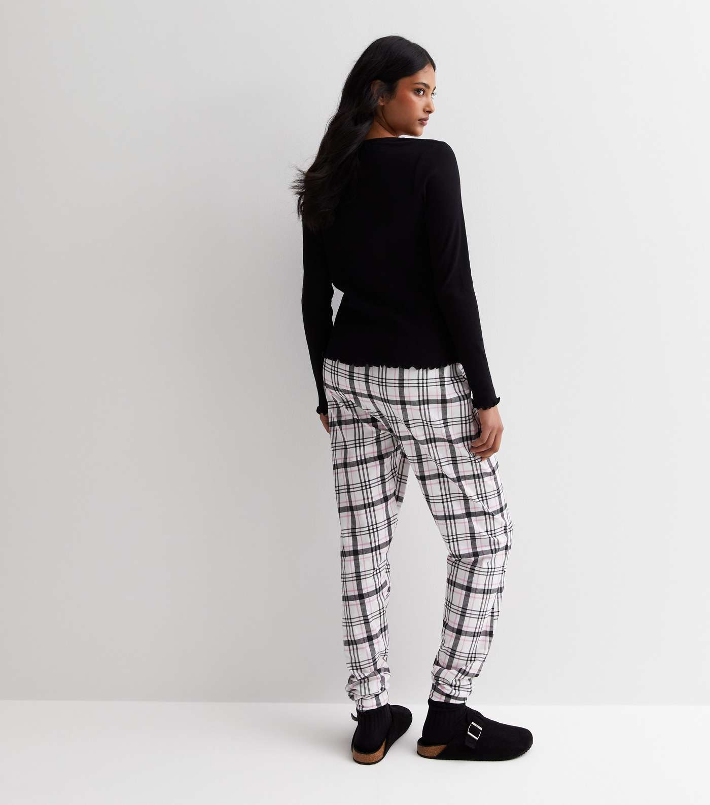 Black Cotton Trouser Pyjama Set with Check Print Image 5
