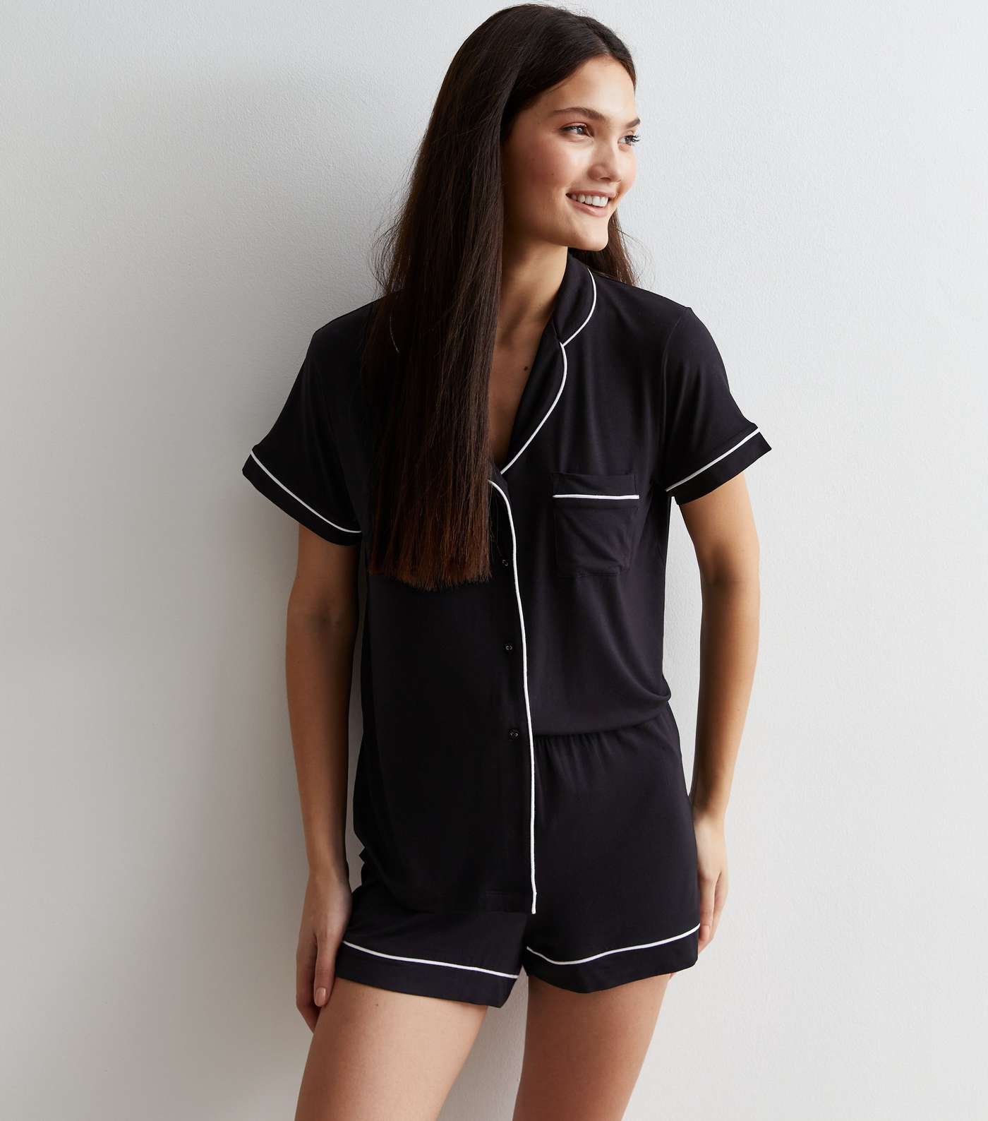 Black Short Pyjamas with Piping Trim Image 2