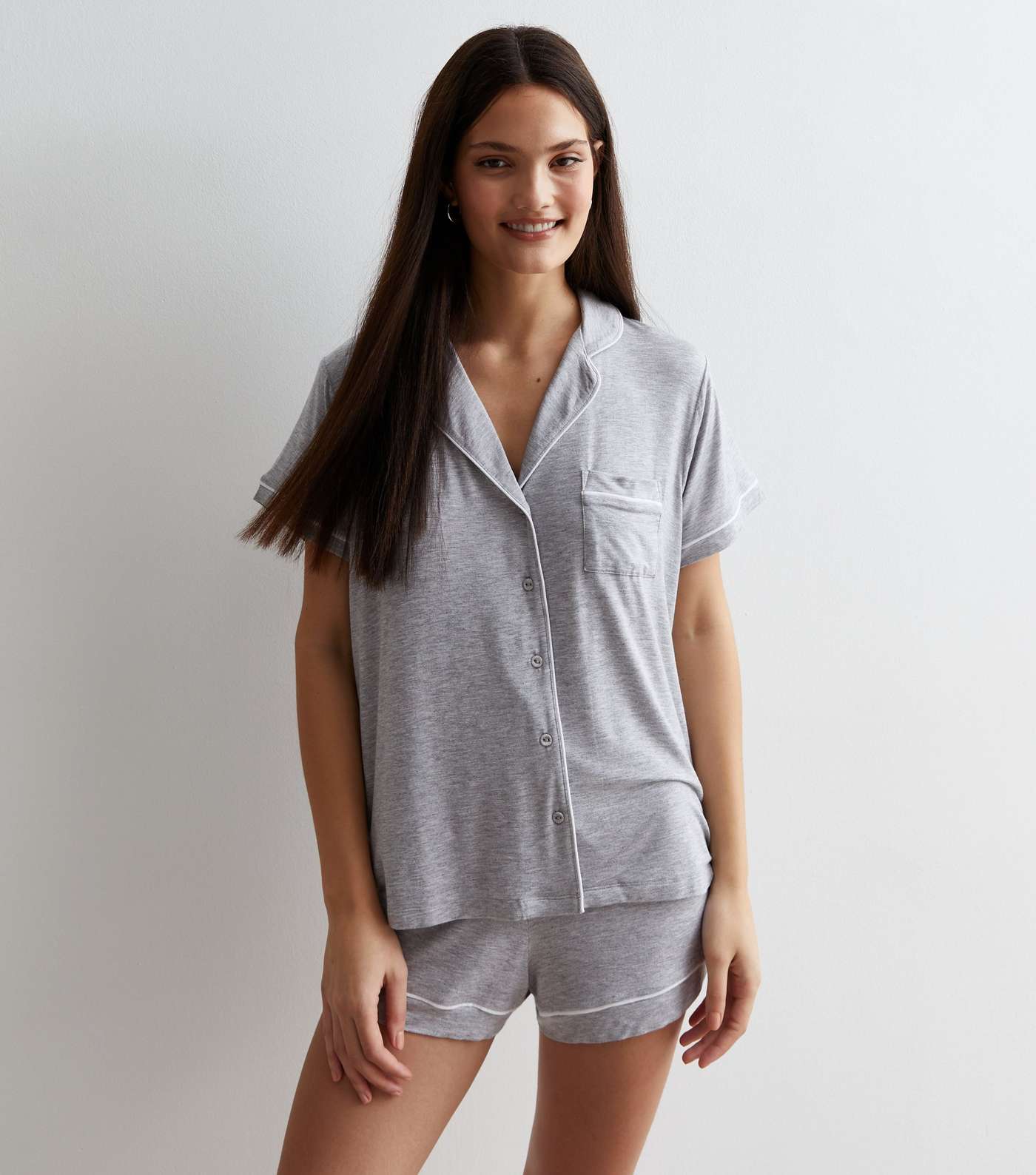 Pale Grey Short Pyjamas with Piping Trim Image 3