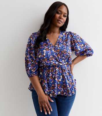 ONLY Curves Blue Floral Wrap Top