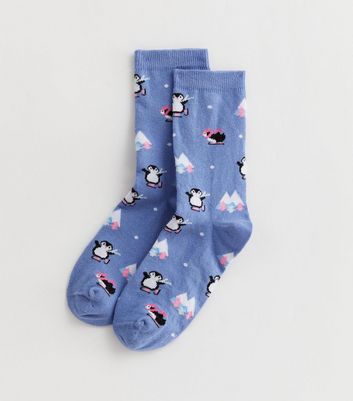 Blue Winter Penguin Socks New Look