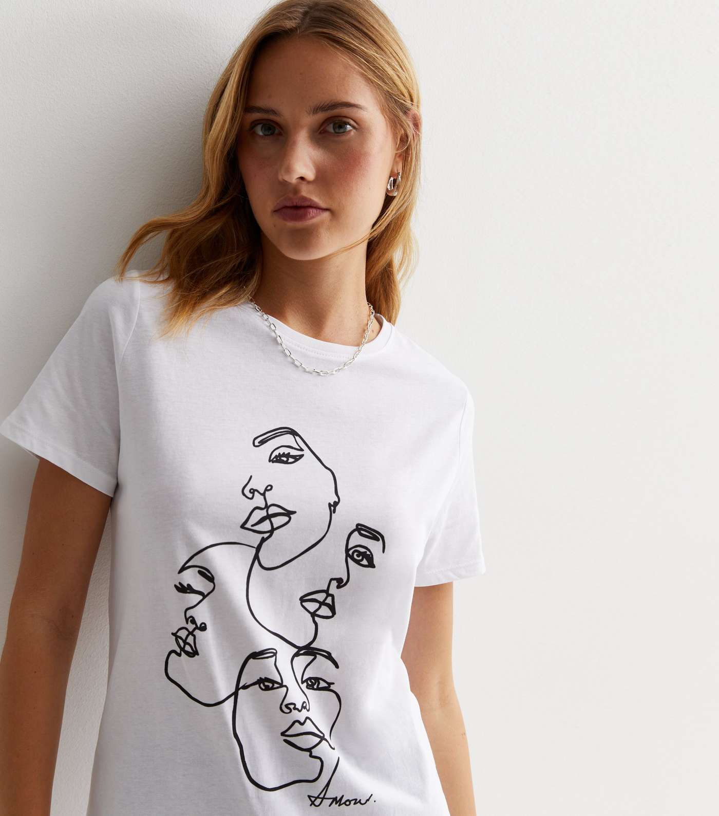 White Cotton Sketched Faces Logo T-Shirt