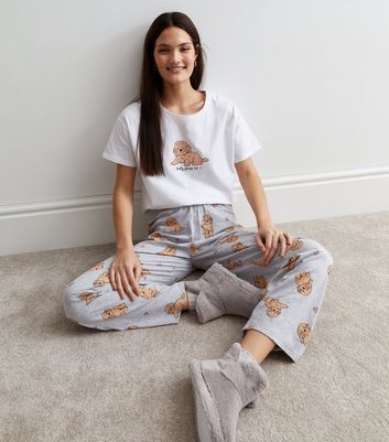 Pale Grey Trouser Pyjama Set with Dog Print New Look