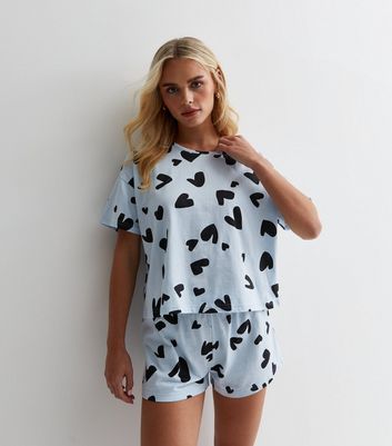 Petite Pale Blue Cotton Short Pyjama Set with Heart Print | New Look