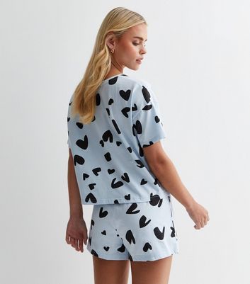Petite Pale Blue Cotton Short Pyjama Set with Heart Print New Look