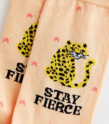 Coral Stay Fierce Logo Leopard Print Socks New Look