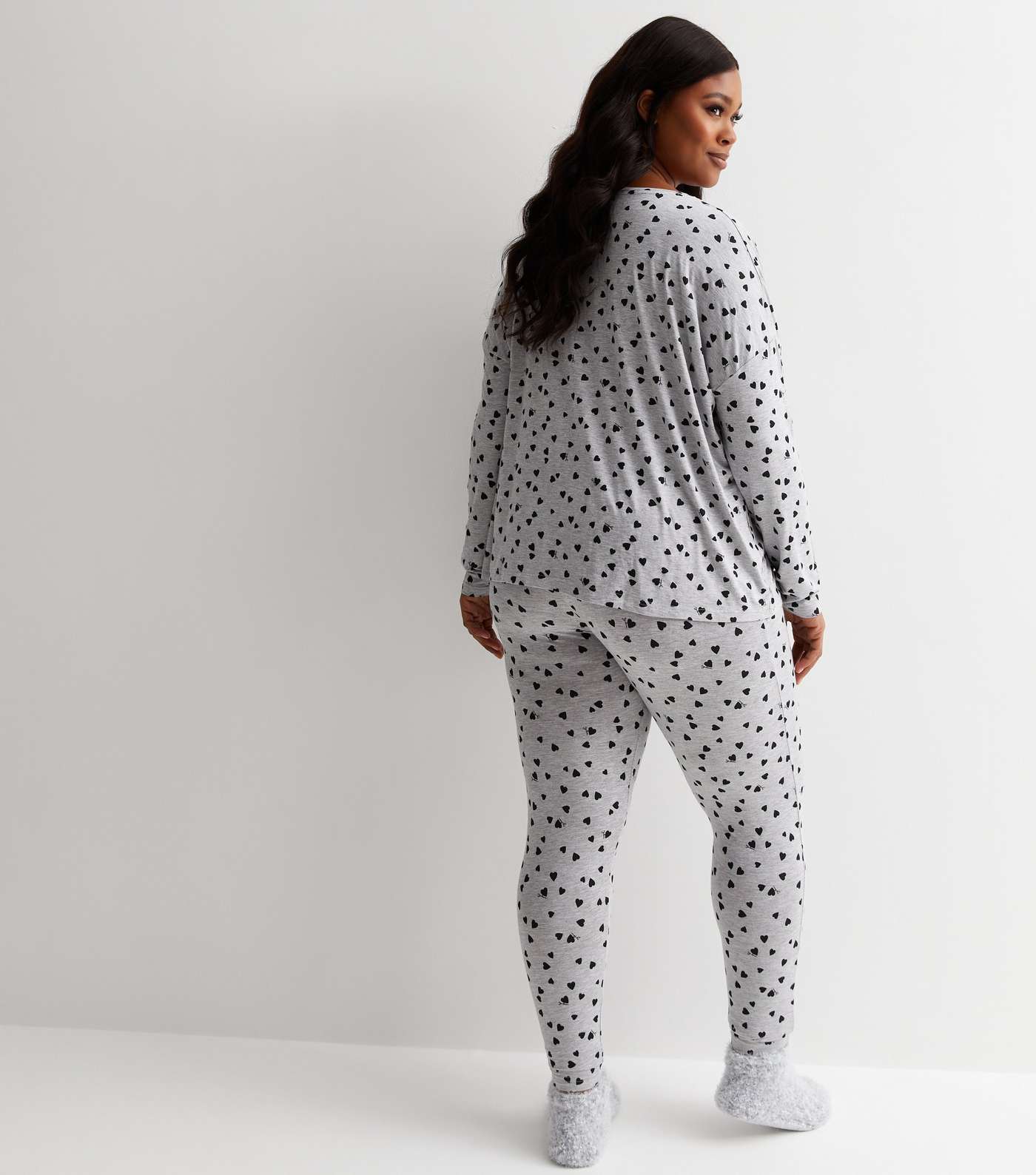 Curves Pale Grey Leggings Pyjama Set with Heart Print Image 4