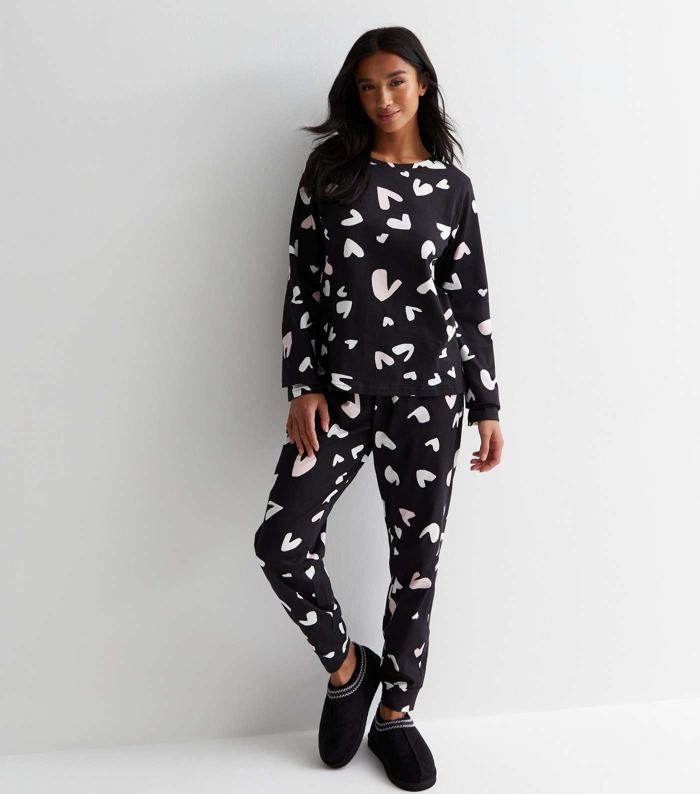 Petite Black Jogger Pyjama Set with Heart Print Image 3