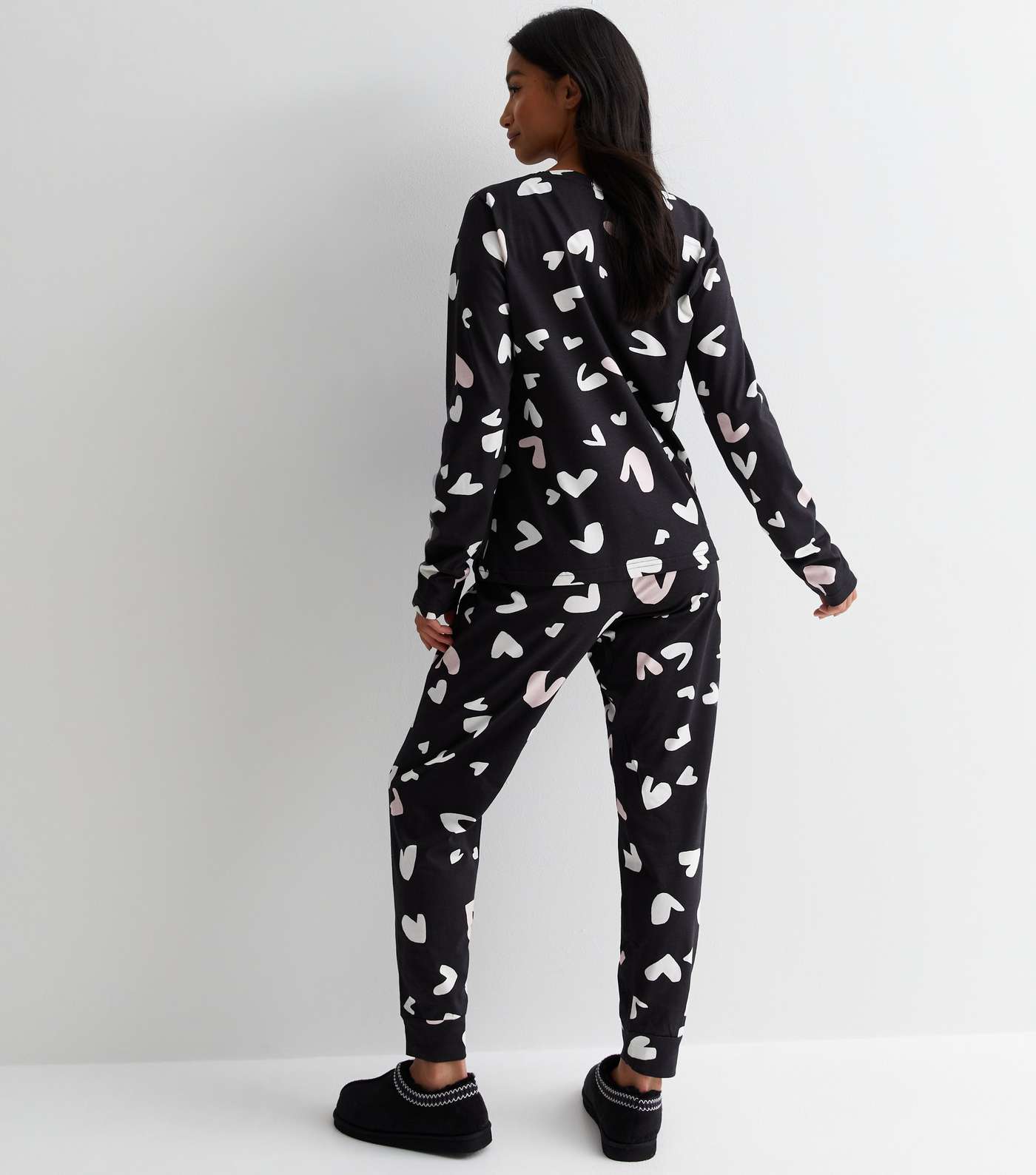 Petite Black Jogger Pyjama Set with Heart Print Image 5