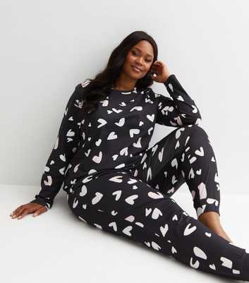 Curves Black Cotton Jogger Pyjama Set with Heart Print