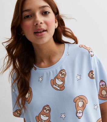 Girls Blue Short Pyjama Set with Sloth Print New Look