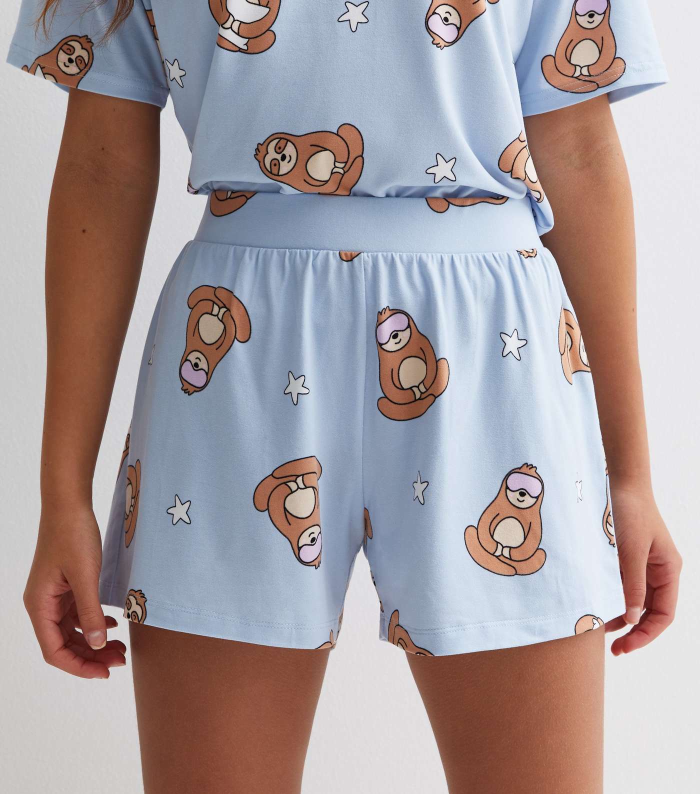 Girls Blue Short Pyjama Set with Sloth Print Image 3
