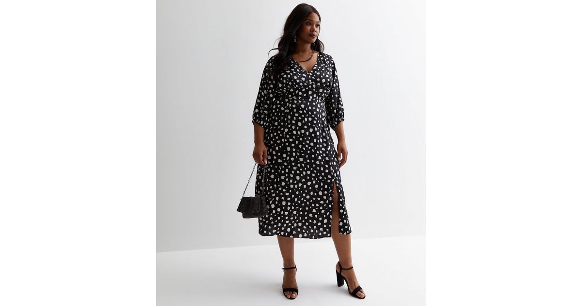 Curves Black Satin Spot Print Split Hem Midi Dress | New Look