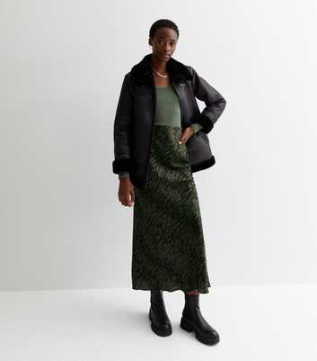 Tall Green Satin Animal Print Bias Cut Midi Skirt