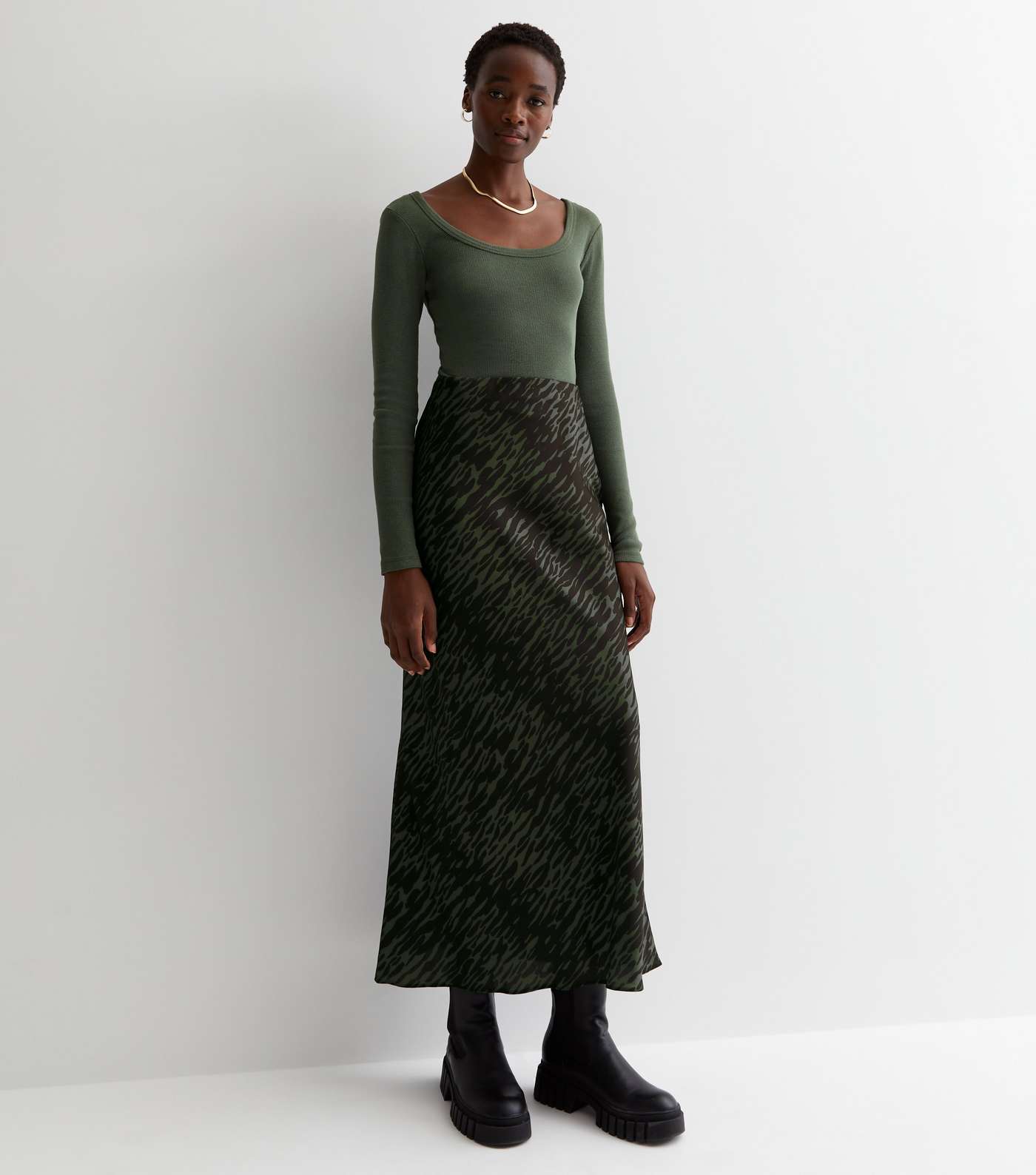 Tall Green Satin Animal Print Bias Cut Midi Skirt Image 3