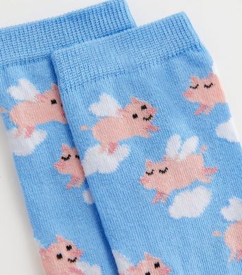 Blue Flying Pig Print Socks New Look