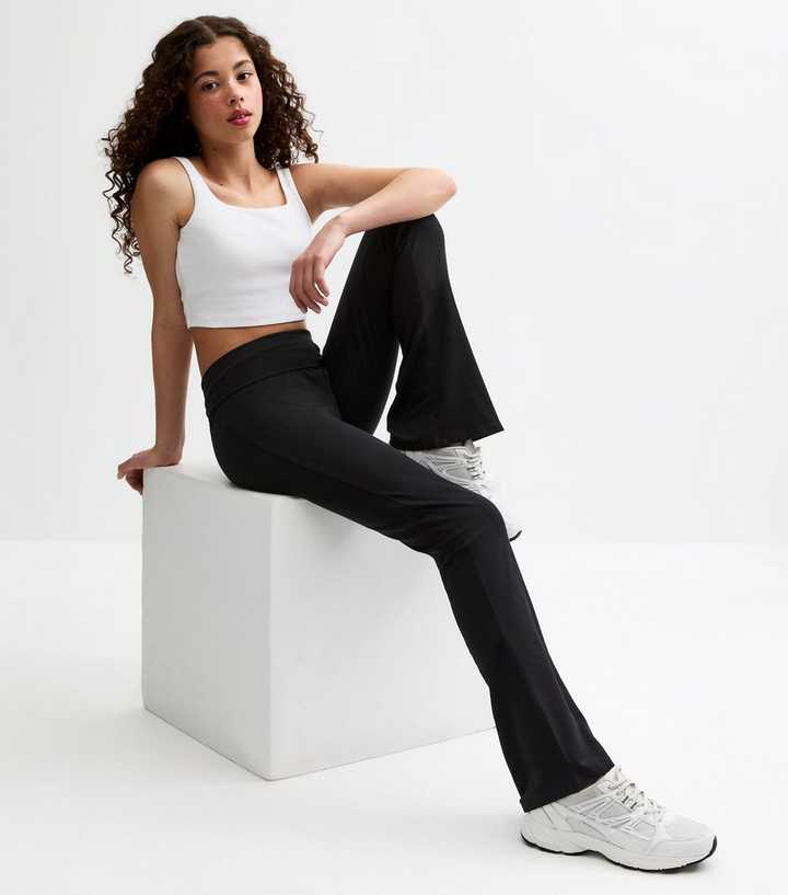 Girls Black High Fold Over Waist Flared Trousers