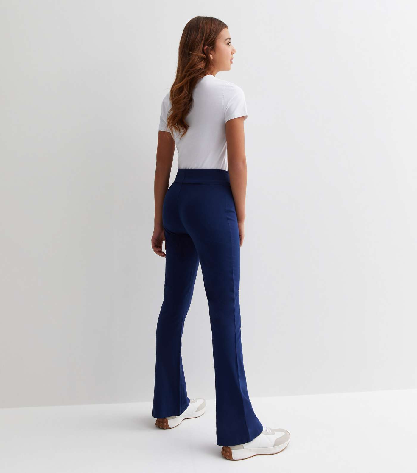 Girls Navy High Fold Over Waist Flared Trousers Image 4