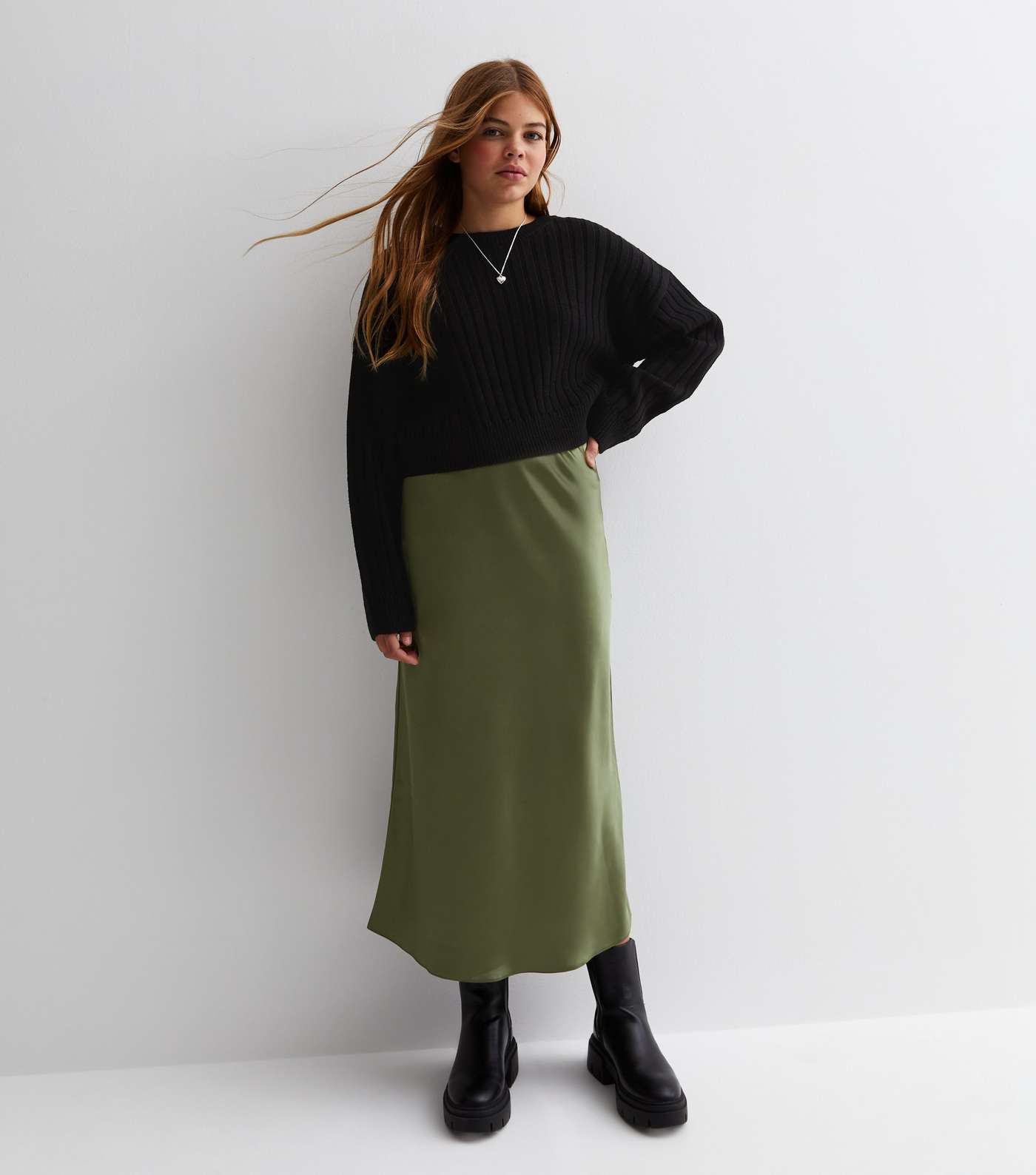 Girls Olive Satin Midaxi Skirt Image 2
