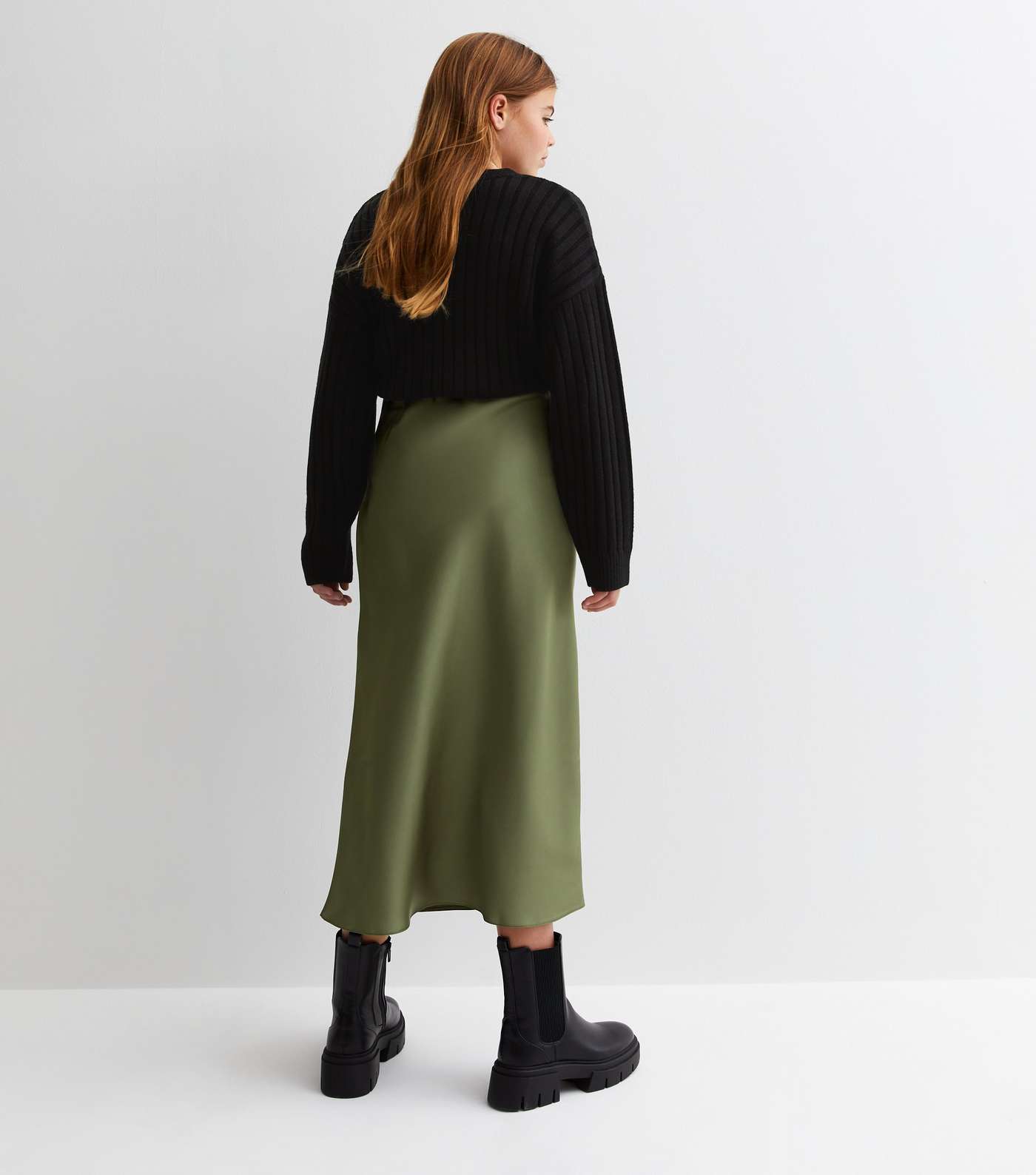 Girls Olive Satin Midaxi Skirt Image 4
