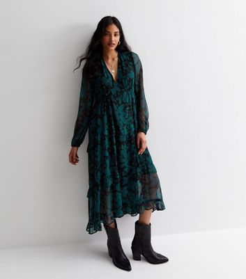 Green Floral Chiffon V Neck Tiered Midaxi Dress | New Look