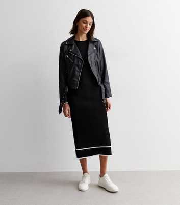 Black Ribbed Knit Contrast Trim Midi Dress