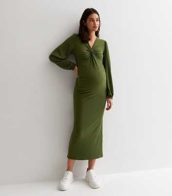 Maternity Dark Green Ribbed Twist Front Midaxi Dress