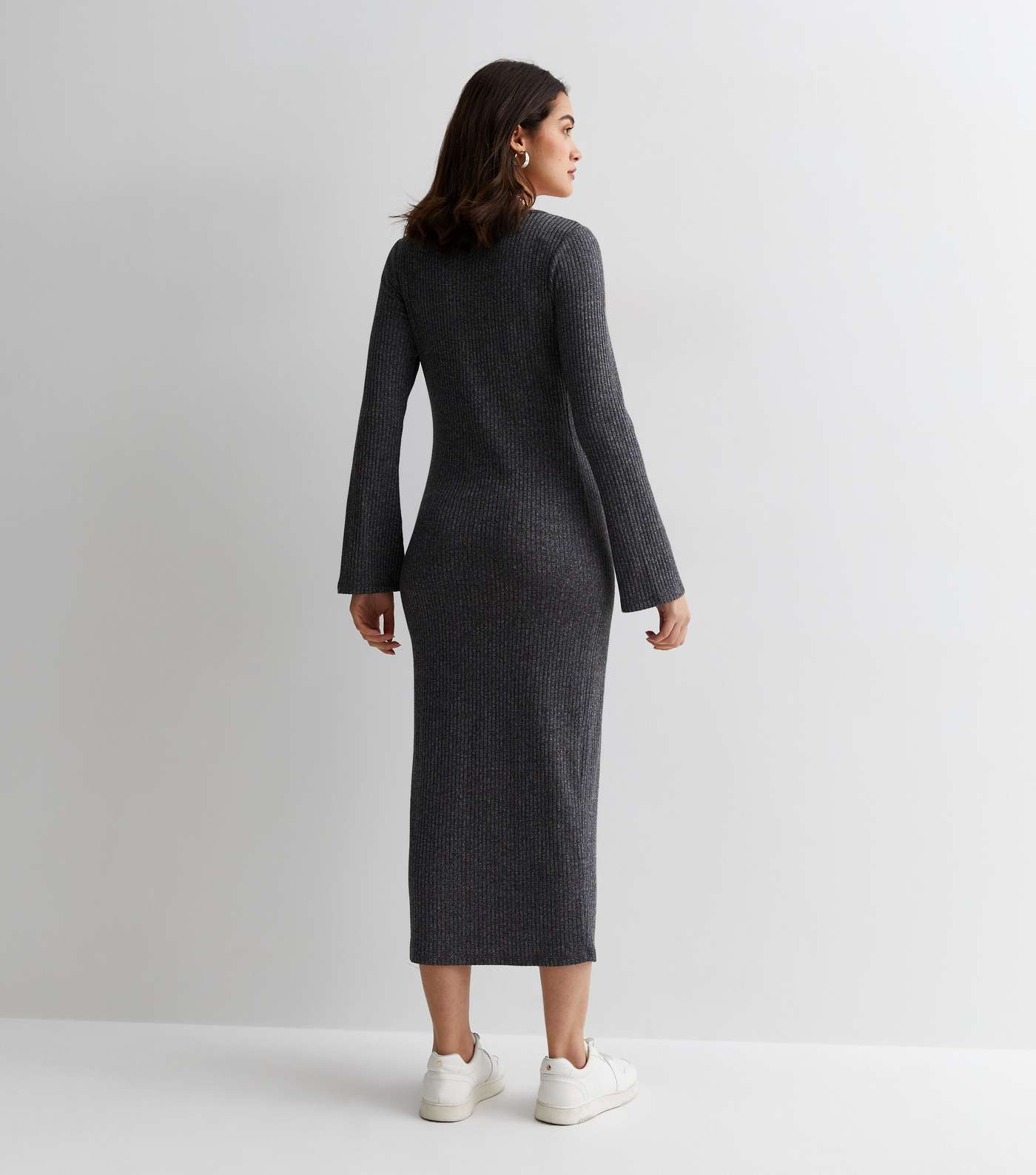 Maternity Dark Grey Ribbed Jersey Scoop Midi Dress Image 4