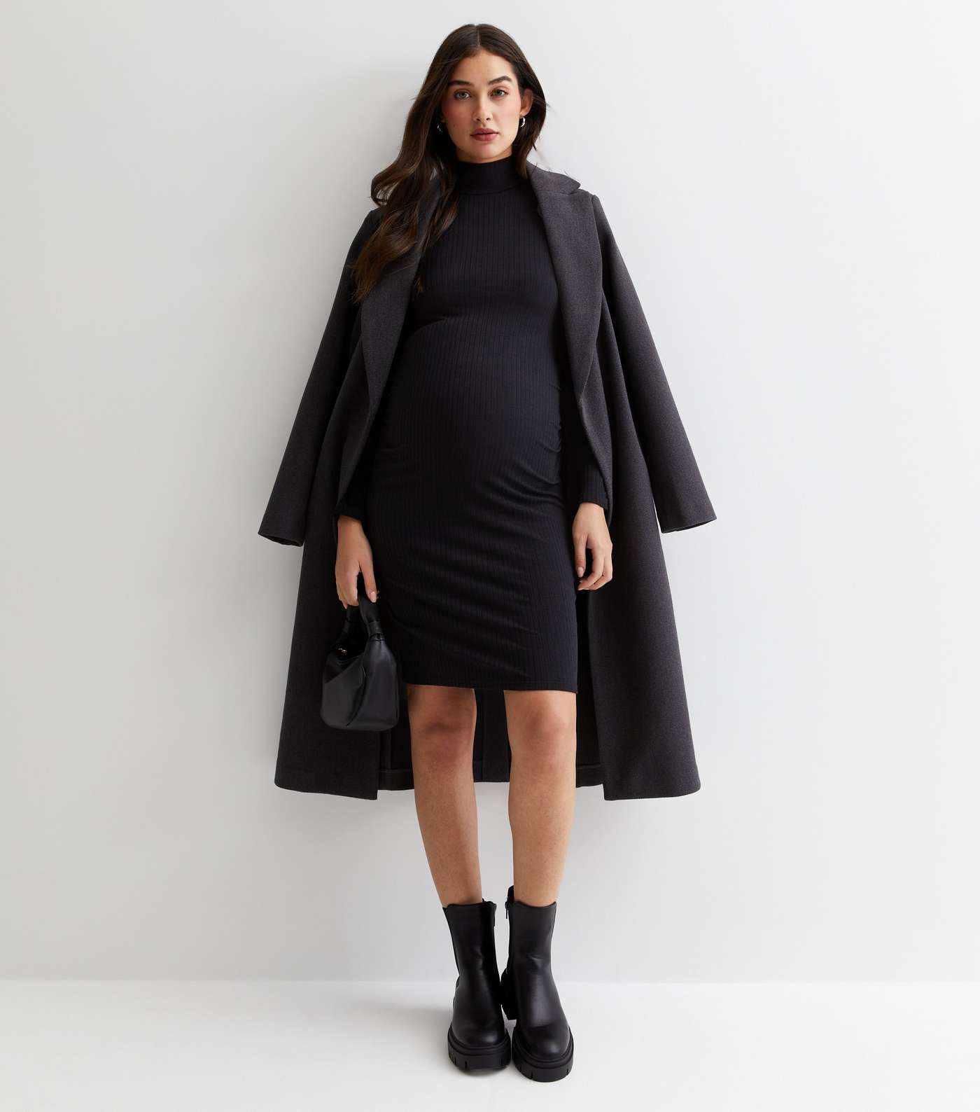 Maternity Black Ribbed Long Sleeve Mini Dress Image 3